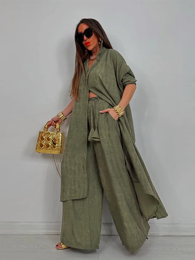 

Women's Loose Long Shirt Trouser Suit Casual Full Sleeves Turn-Down Collar Lady Two Piece Set 2025 Summer Autumn Fashion Outfits