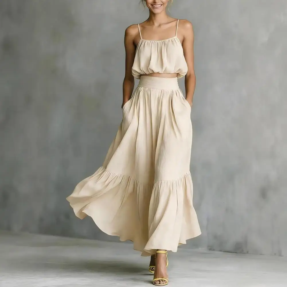 Summer 2 Piece Skirt Set for Women,Polyester Women Apparel Sleeveless Spaghetti Strap Top Vacation Travel Outfits