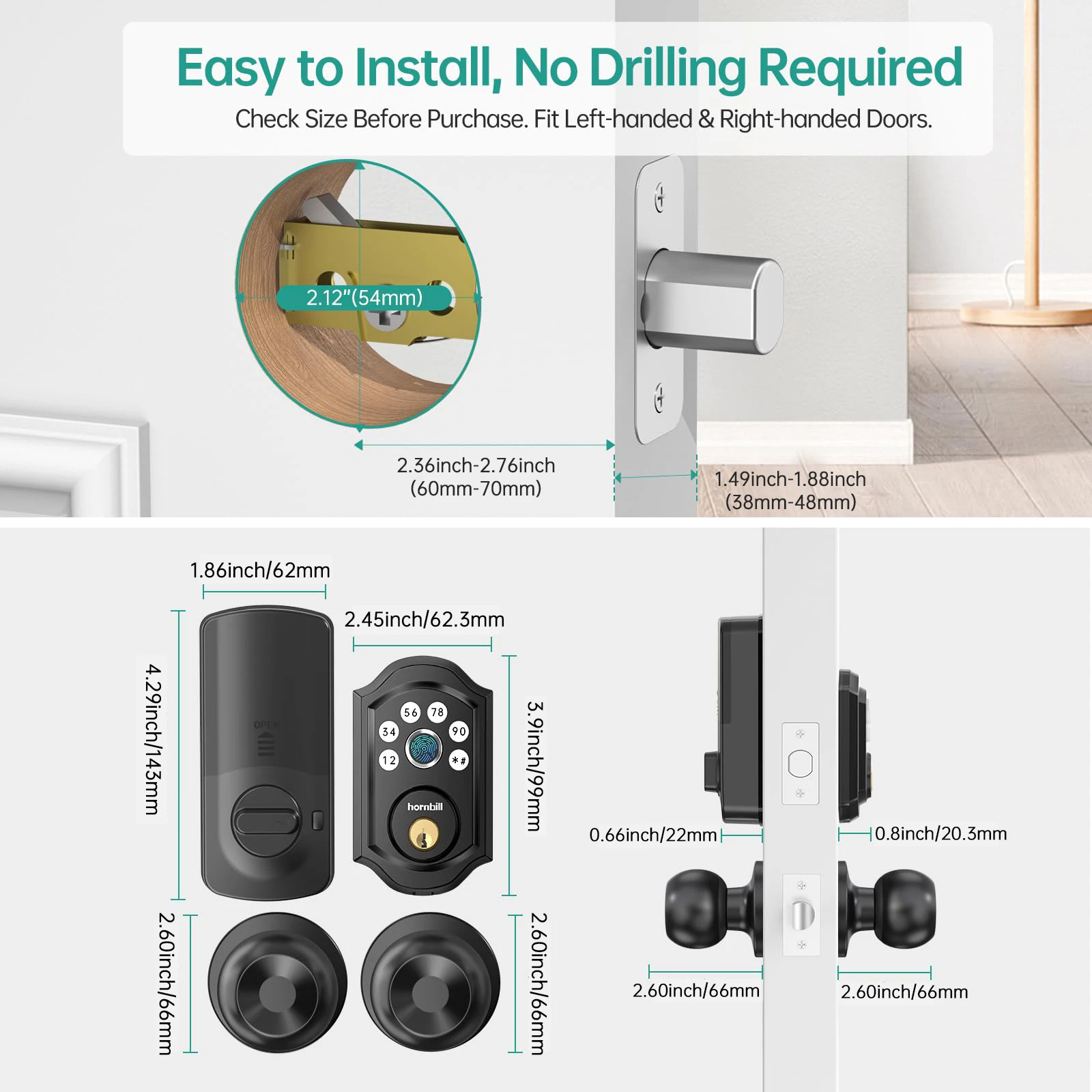 Hornbill Smart Fingerprint Lock With Door Knobs Set Electronic Digital Deadbolt Keyless Entry Door Locks For Home Safe Auto-Lock