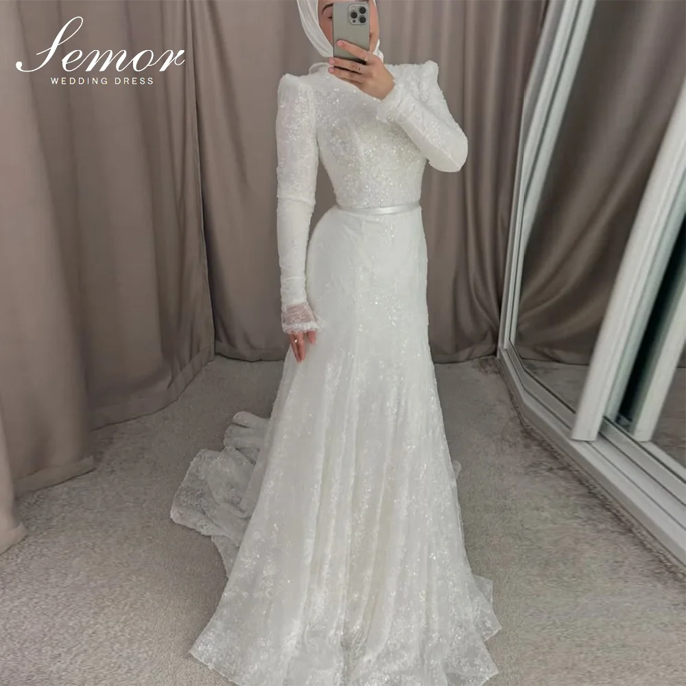 Semor Customized Muslim Mermaid Lace Wedding Dress 2026 New Full Sleeve Appliques Beading Sequin Bride Gown Pleat Robe De Mariée