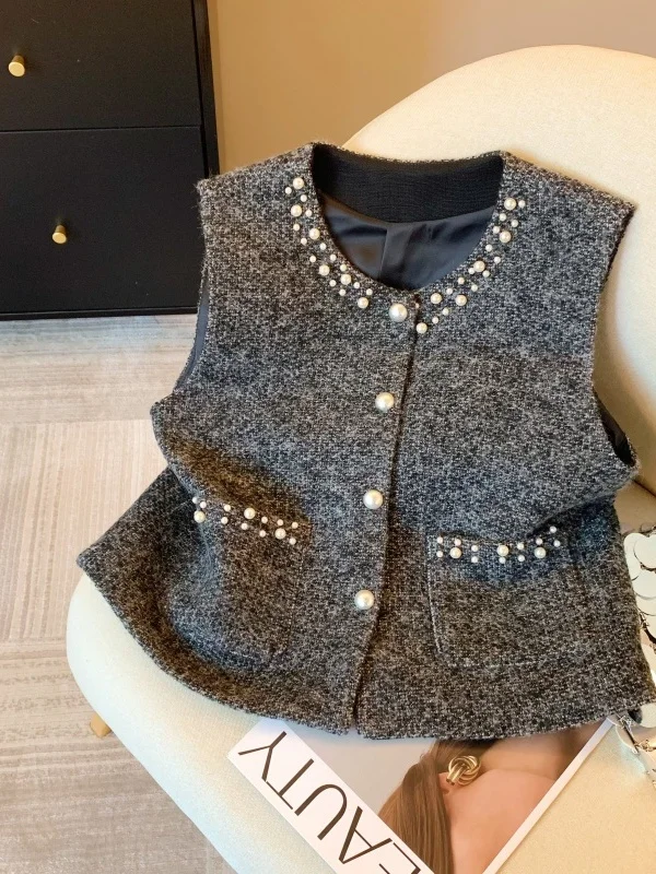 

Женский твидовый жилет с жемчужной отделкой, осенне-зимний, модный, повседневный, теплый, из шелка