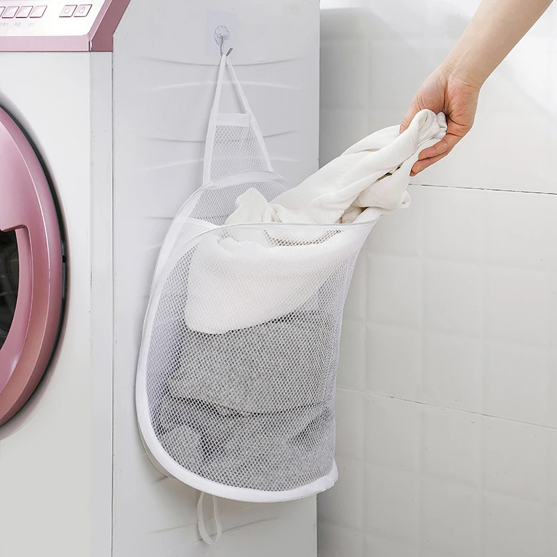 Foldable Hanging Laundry Basket Wall Mounted Net Storage Bag Portable Dirty Clothes Mesh Basket Closet Organizer Laundry Hamper