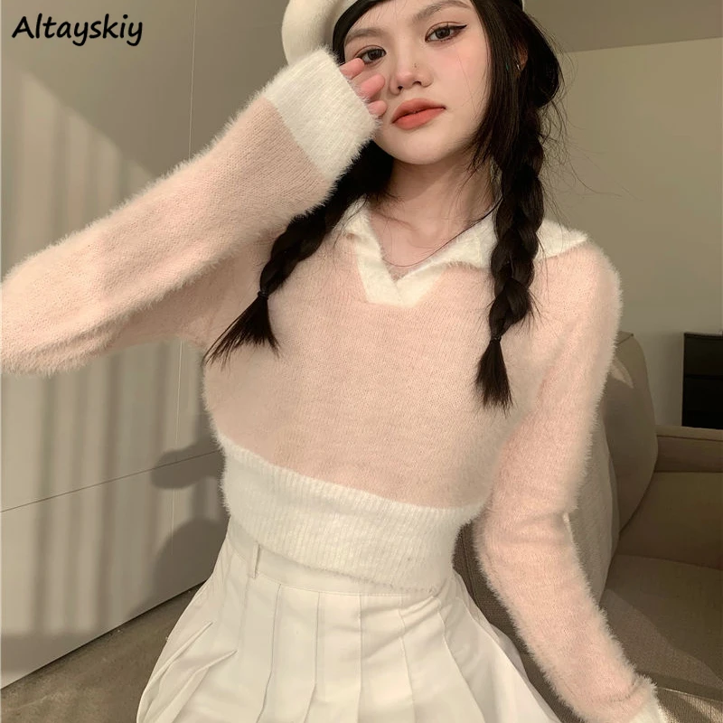 Pullovers Women Patchwork Sweet Slim Spring All-match Lady Retro Chic Fashion Soft Cute Elegant Korean Harajuku Кофта Женская