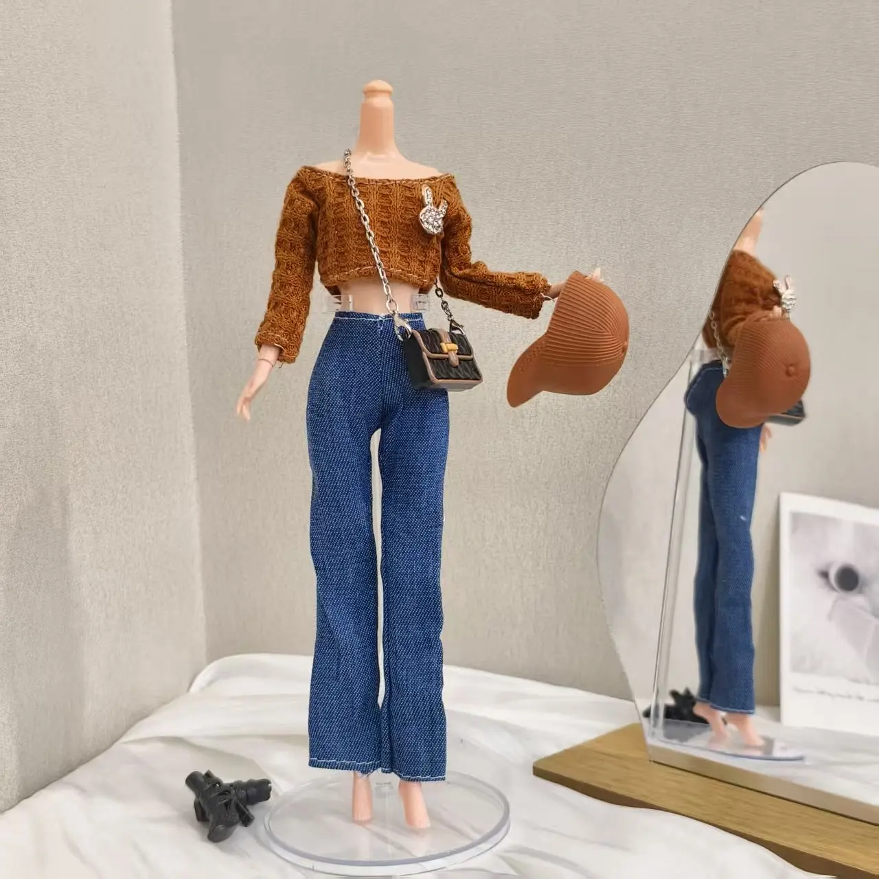 30cm Doll Clothes Accessories Retro Fashion Brown Top + Classic American Denim Pant Suit For 1/6 BJD Xinyi FR PP Supermodel Doll