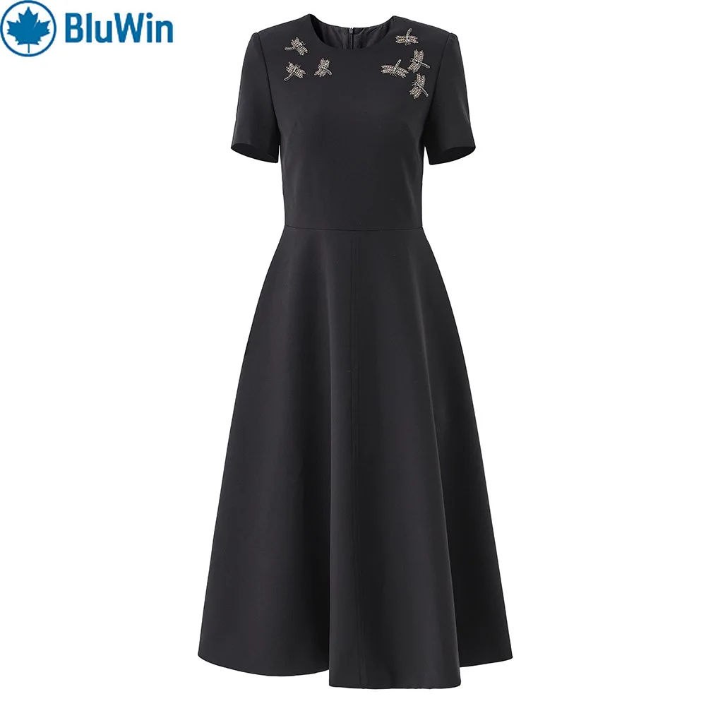 

URBANCHIC Elegant Black A Line Midi Dress Women Short Sleeve Crew Neck Embellished Neck Detail Office Party