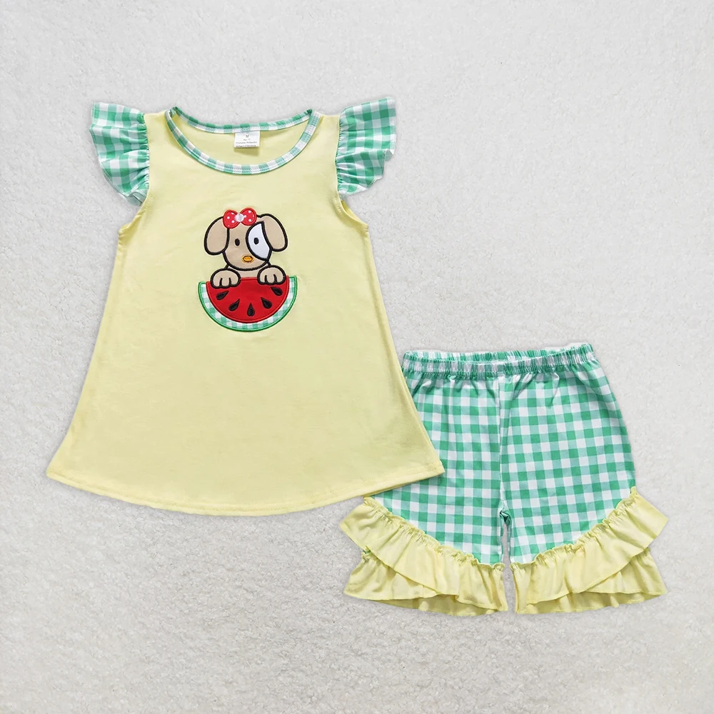 

Baby Girls Summer Clothes Set with Dog Watermelon Flutter Sleeve Tunic And Plaid Shorts Adorable Outfit for Little Ones