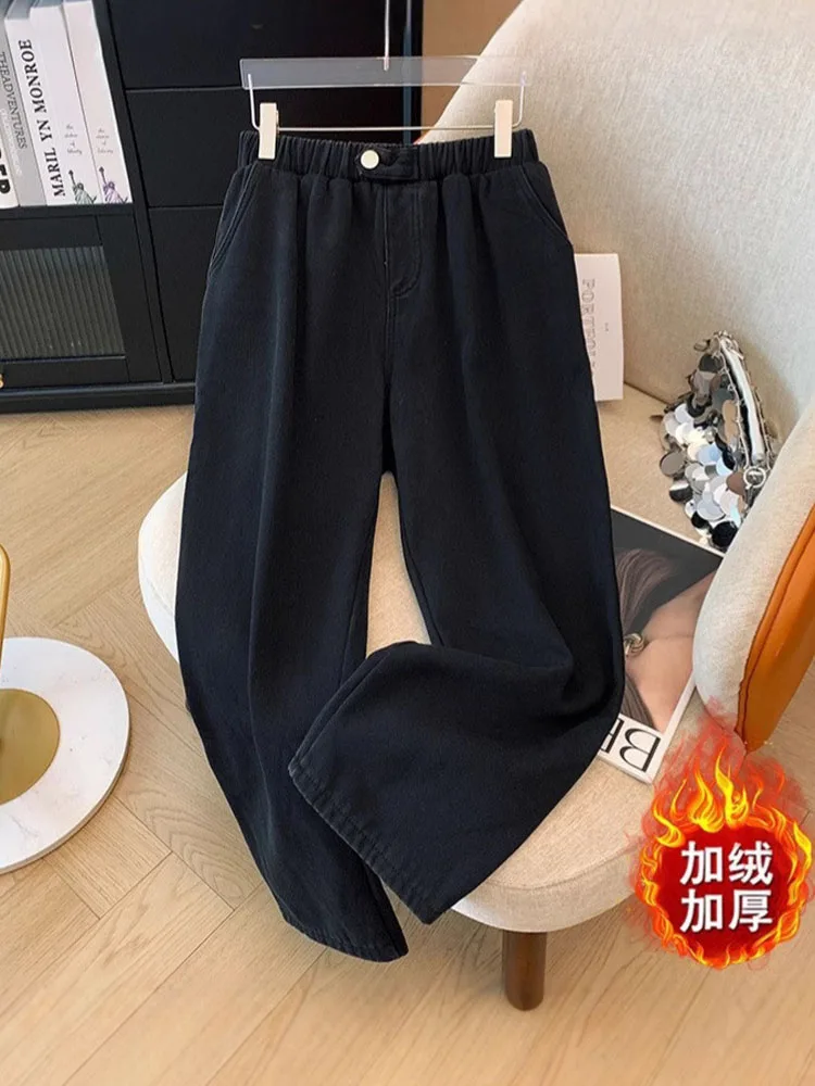 150Kg Plus Size Women's Hip 153 Winter High Waist Straight Leg Fleece Jeans Loose Wide Leg Pants Black 5XL 6XL 7XL 8XL 9XL