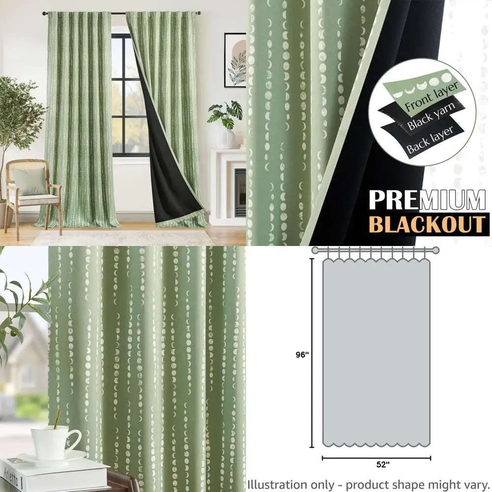 세이지 그린 보헤미안 문페이즈 커튼, 96인치 길이, 단열, 유아실용 2패널 세트