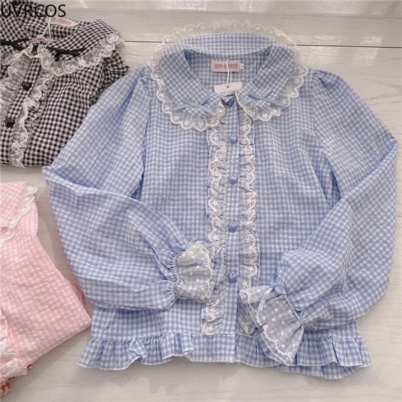 Blusa de Lolita estilo Preppy para Mujer, camisa a cuadros con volantes de encaje con lazo bonito, blusa gótica Kawaii de manga larga Harajuku para Mujer