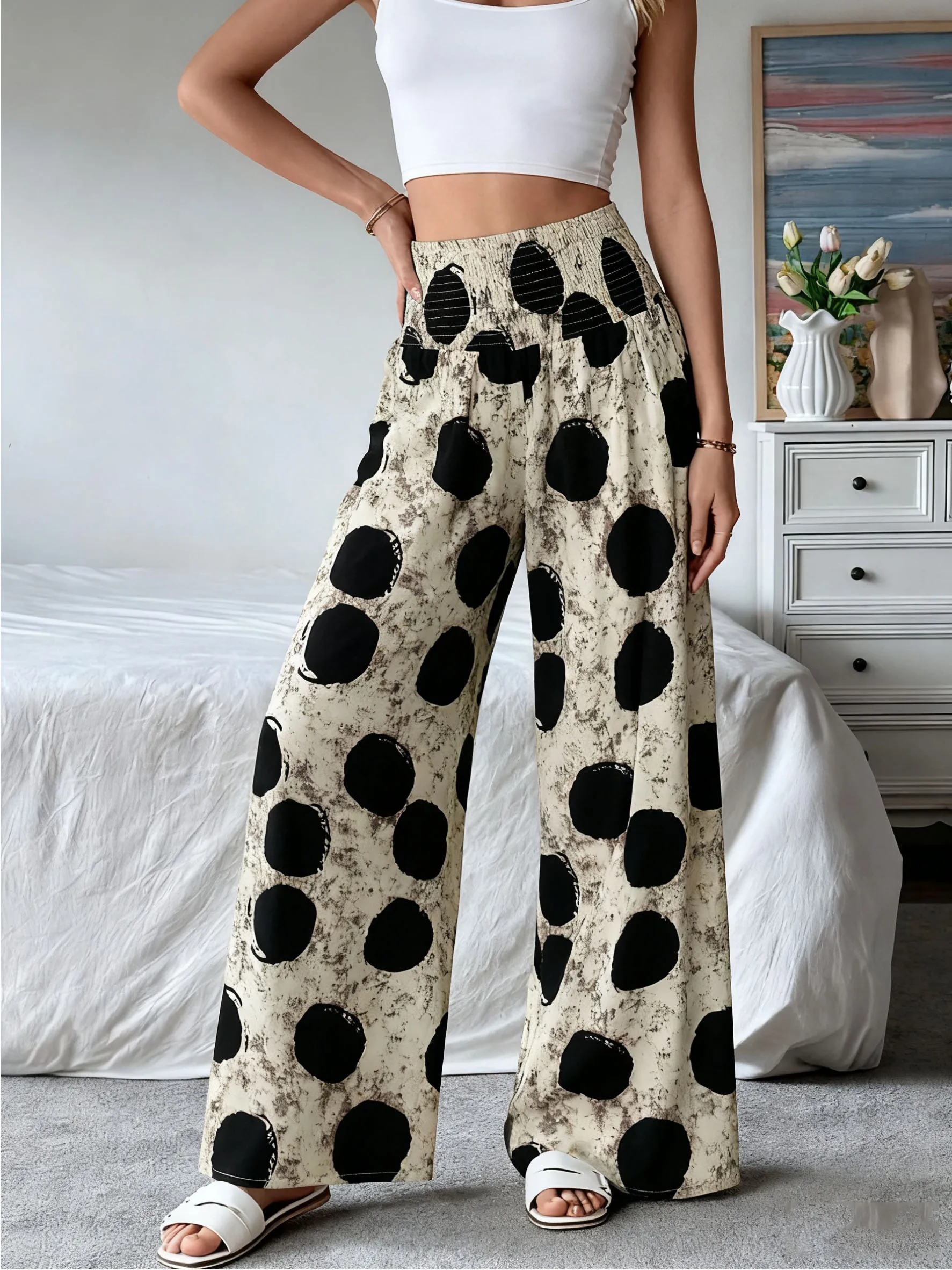 Pantaloni a Gamba Larga da Donna Stile Retrò a Pois con Vita Alta Arricciata ed Elastica per Primavera ed Estate, Casual per Vacanze e Ufficio