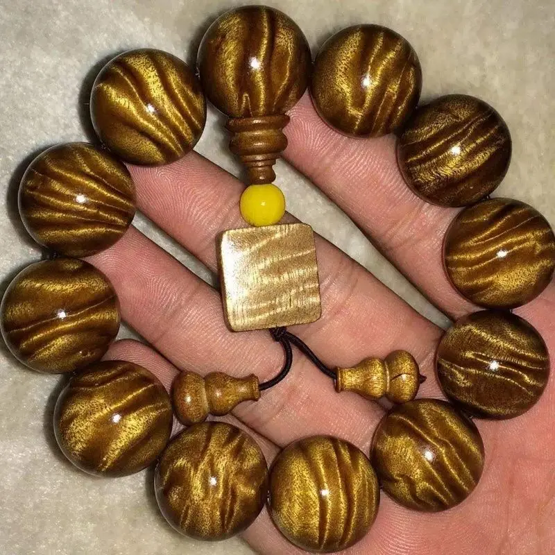 

Senluo Bao Sichuan Golden Nanmu Buddha Bead Bracelet, Dark Wood Water Wave Shadow Lightning Gentian, Unisex Prayer Beads