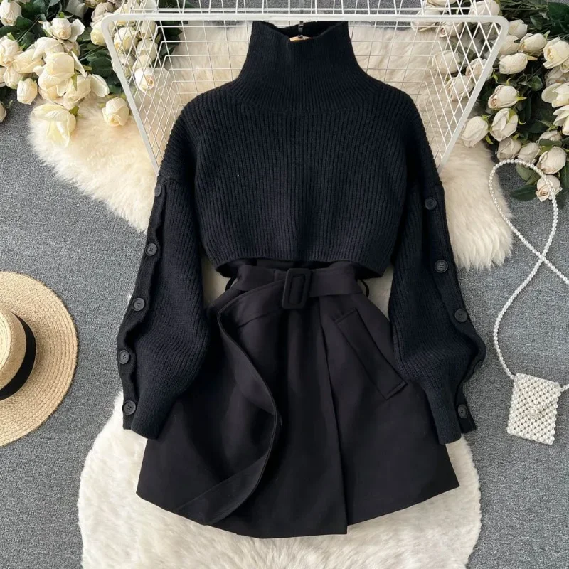 Hikigawa Chic Fashion Turtleneck Knitted Women Pullovers +Slim All Match Solid Bandage Skirts Spring New 2 Set Ropa Mujer