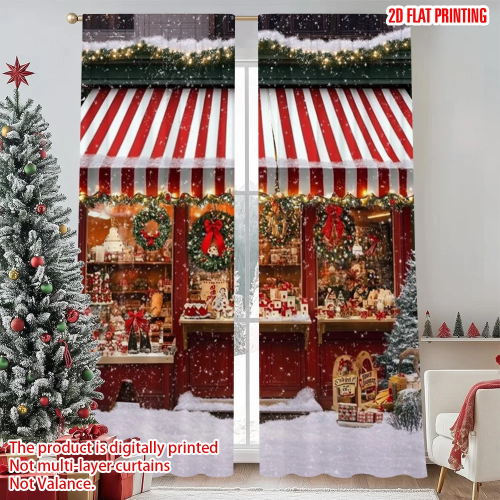 

2pcs 2D flat printing Merry Christmas Scene Curtains Santa's Toy Store Versatile 100% Polyester Without Electricity Party