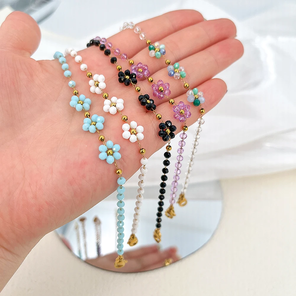 1piece Vintage-Inspired Woven Stainless Steel Crystal Chain With Daisy Accents Fresh Retro Style Finished Bracelet And Necklace