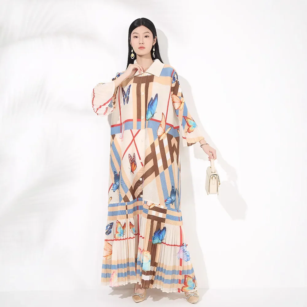 

Miyake Style Pleated Print Long Dress for Women New Loose Slim Fashionable Temperament Lapel Flared Sleeve Long Cardigan Skirt