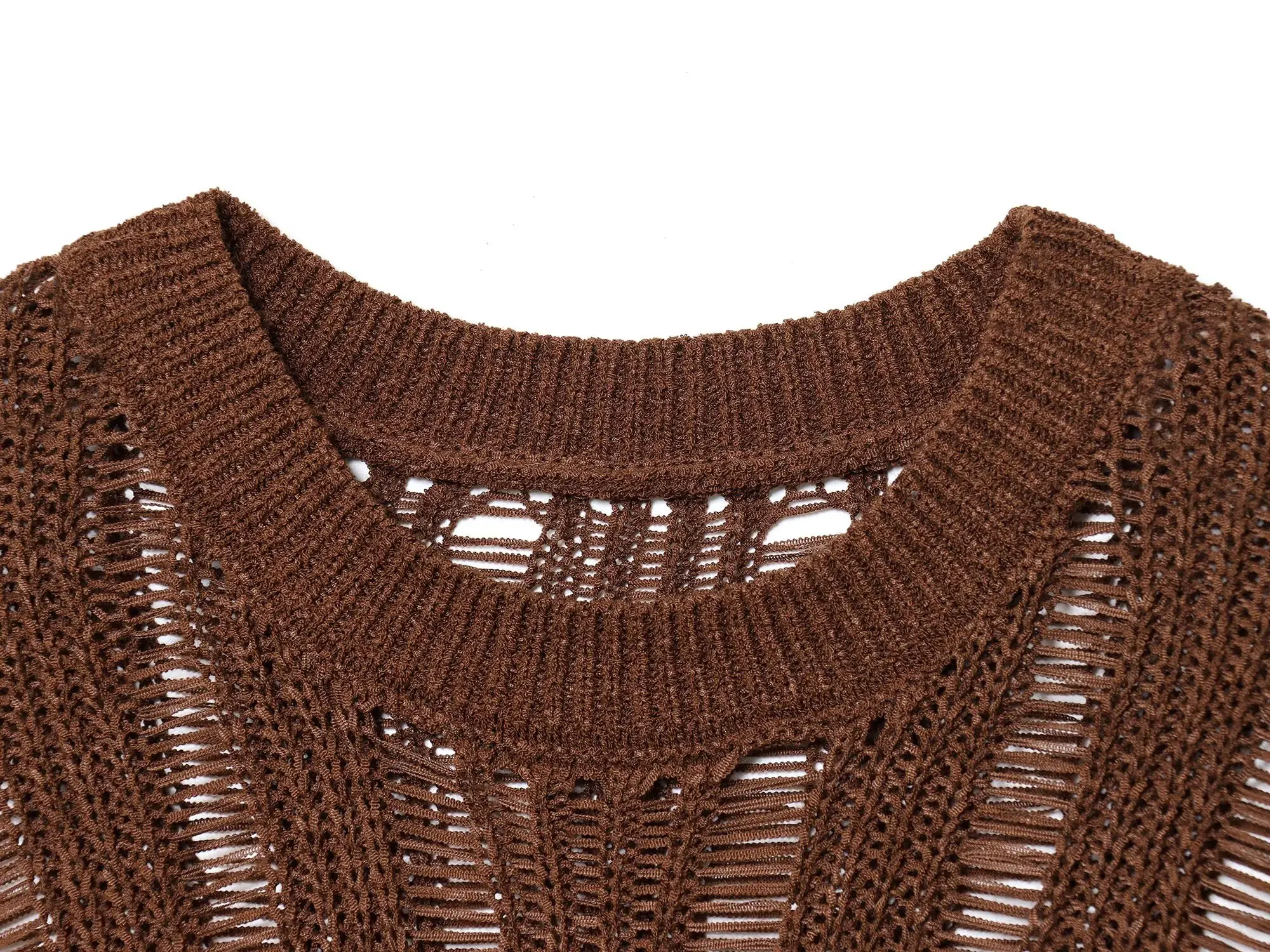 ETJ 2025 damski nowy swobodny top na wakacje z okrągłym dekoltem, bez rękawów, dzianinowy, seksowny, prześwitujący, luźny sweter bez rękawów