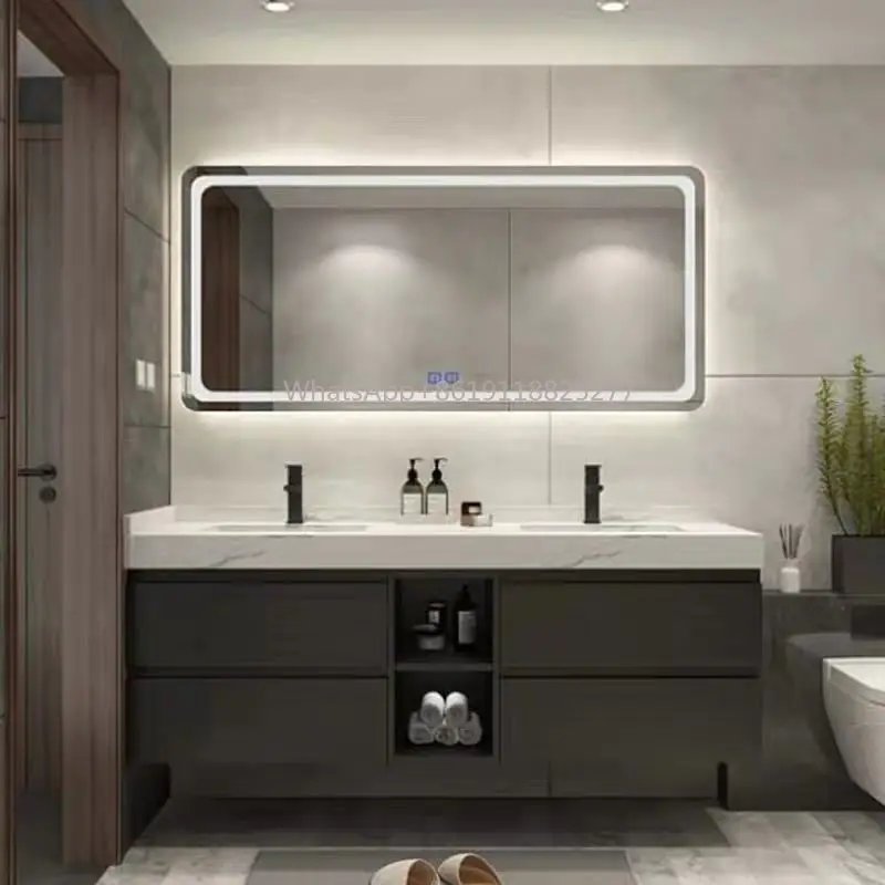 Mounted Multi Functional Mirrored Vanity with Lights KD-11BC High Level Hotel Wooden Colored Bathroom Cabinet and Sink Wall