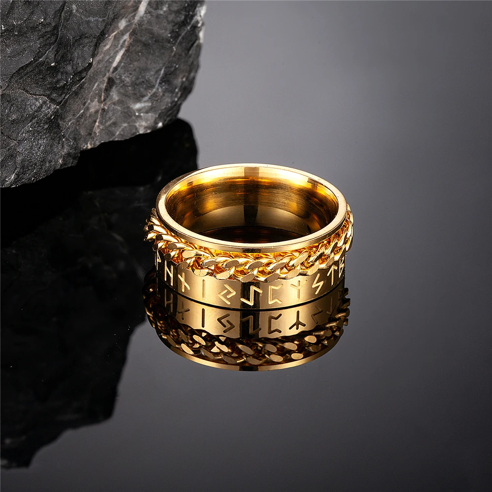 Punk Mens Vikings Norse Runes Rings Womens Gold Color Black Stainless Steel Chain Amulet Ring Vegvisir Scandinavian Male Jewelry