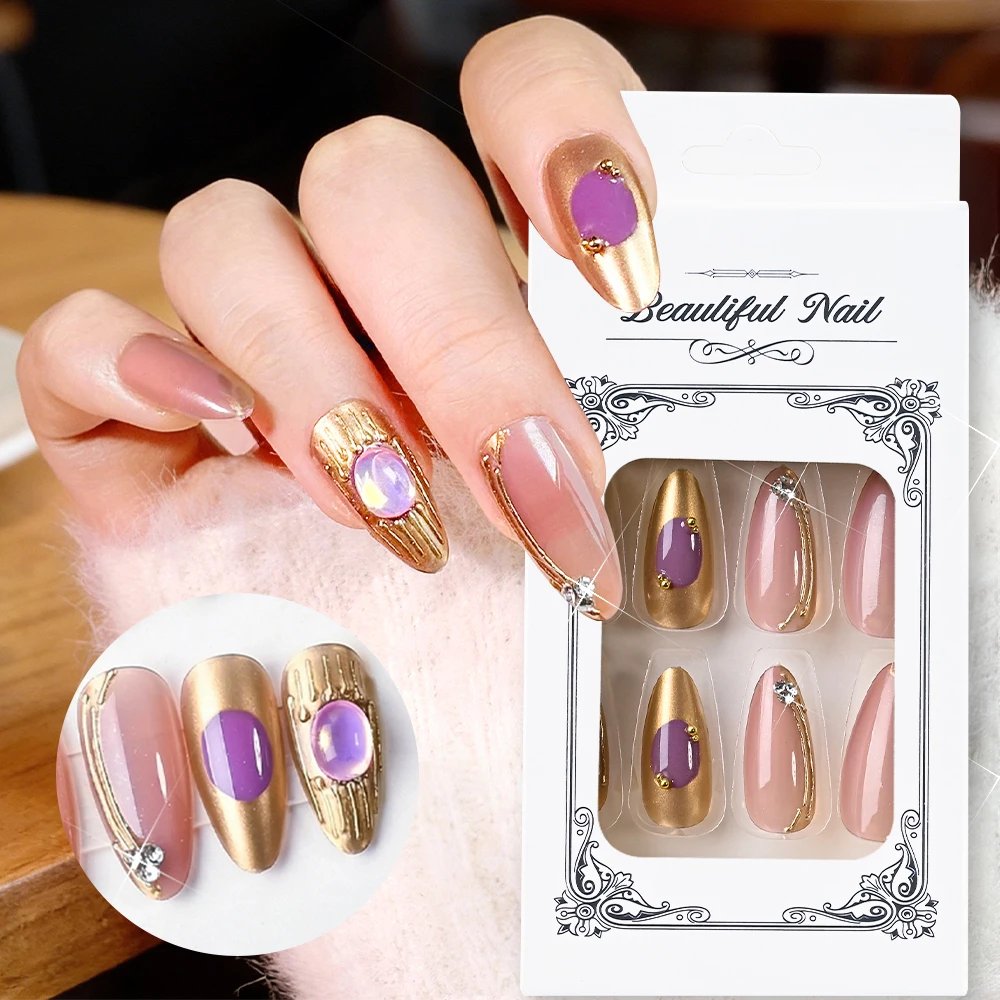 Faux ongles à pression en métal plaqué or, 24 pièces, strass scintillants, amande moyenne, lignes irrégulières brillantes 3D