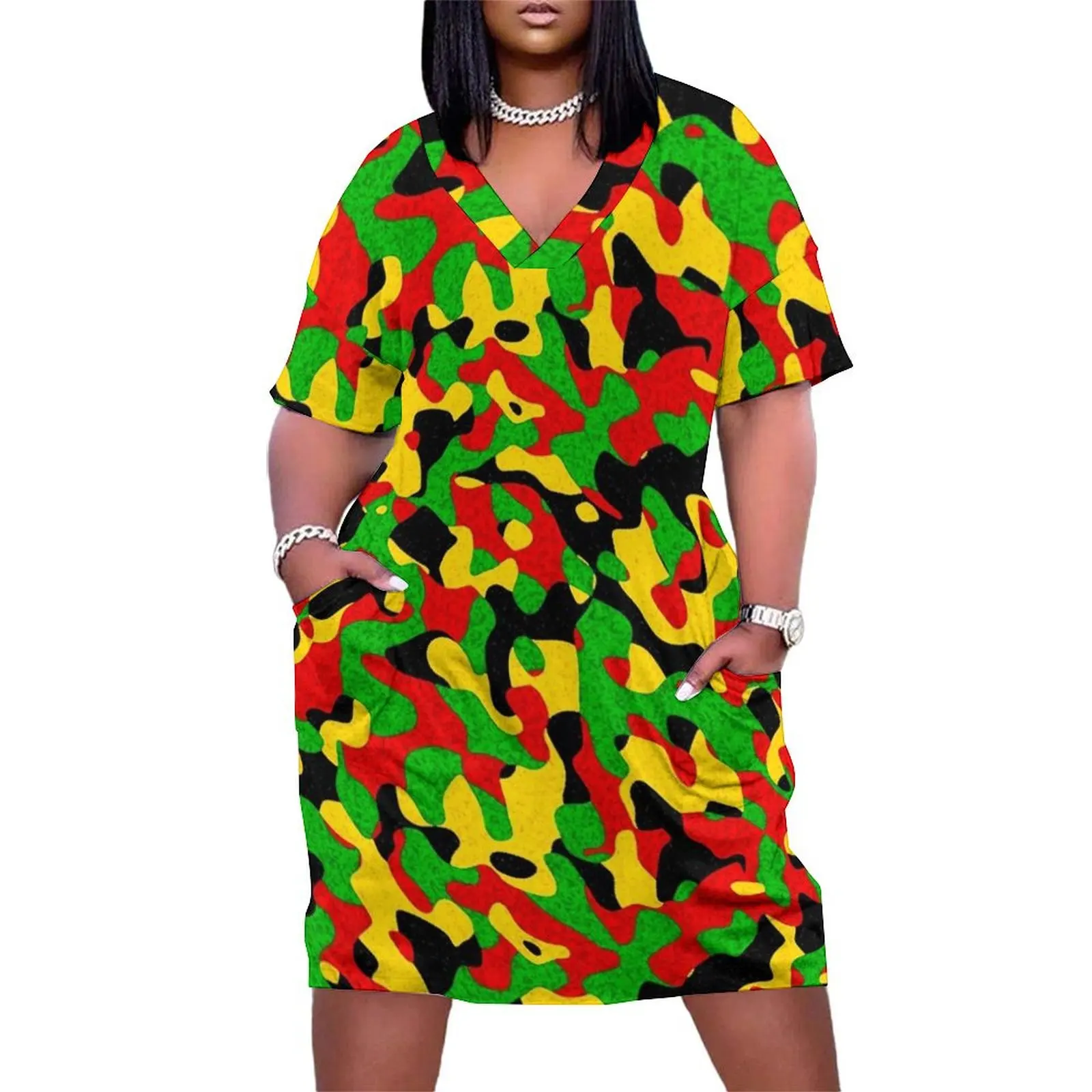 

Rastafari Camouflage Pattern Green Yellow red Black Loose Pocket Dress evening dress woman evening dresses women fairy dress