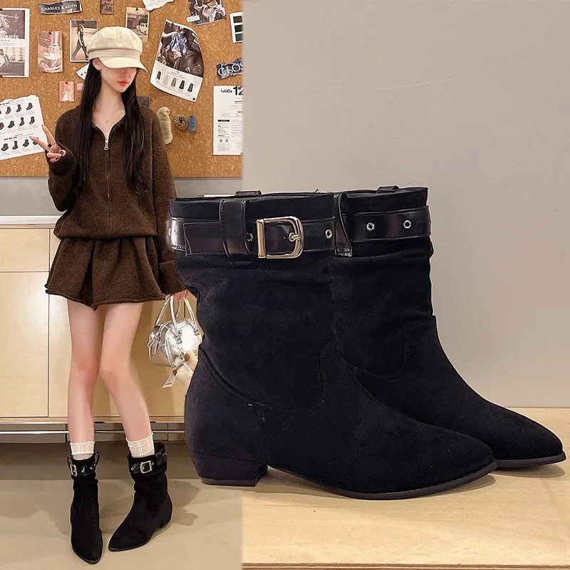 Women Pointed Toe Western Boots 2027 Autumn Winter New Buckle Strap Low Heel Fashion Boots