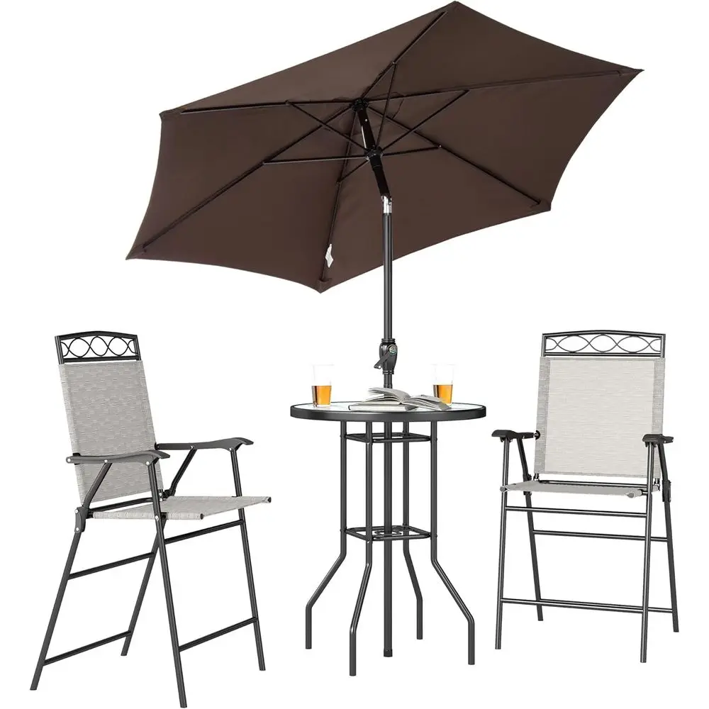 

Beige 4-Piece Patio Dining Set with 2 Swivel Chairs, Adjustable Umbrella, and Wave Glass Table