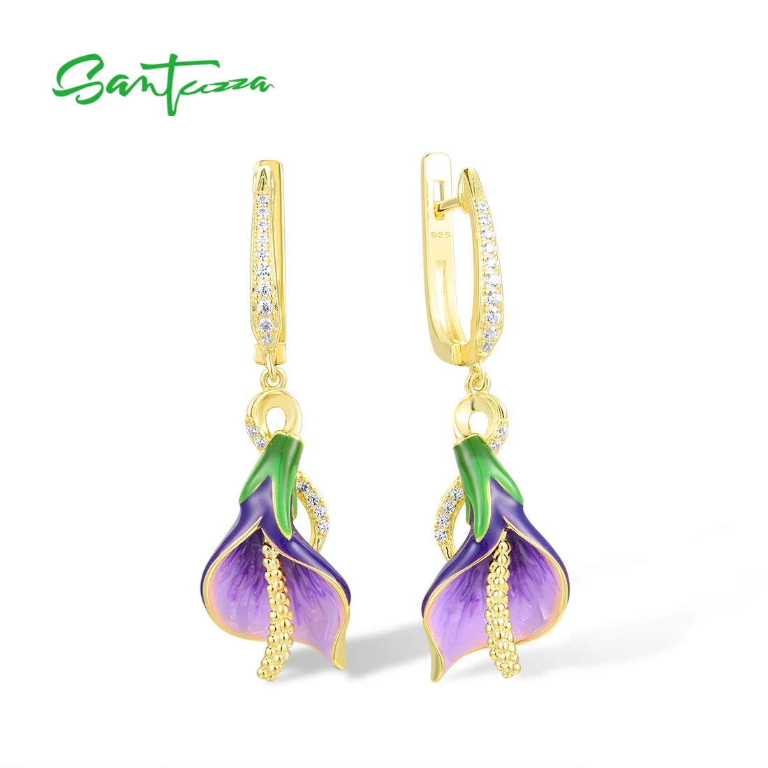 

SANTUZZA 925 Sterling Silver Dangling Earrings For Women Sparkling White Cubic Zirconia Purple Tulip Fine Elegant Jewelry Enamel