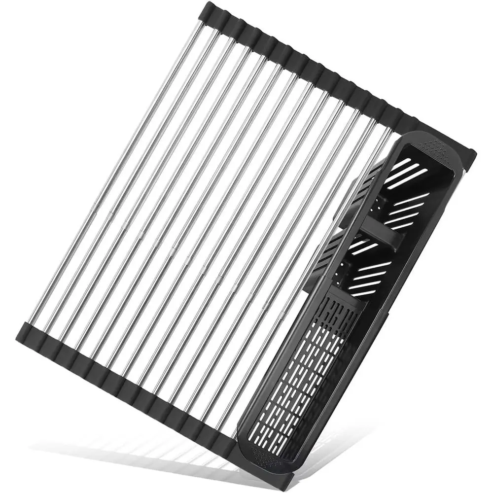 

Roll Up Dish Drying Rack,Expandable Over The Sink Dish Drainer,StainlSteel Kitchen Rolling Sink Rack with Utensil Holder,Length