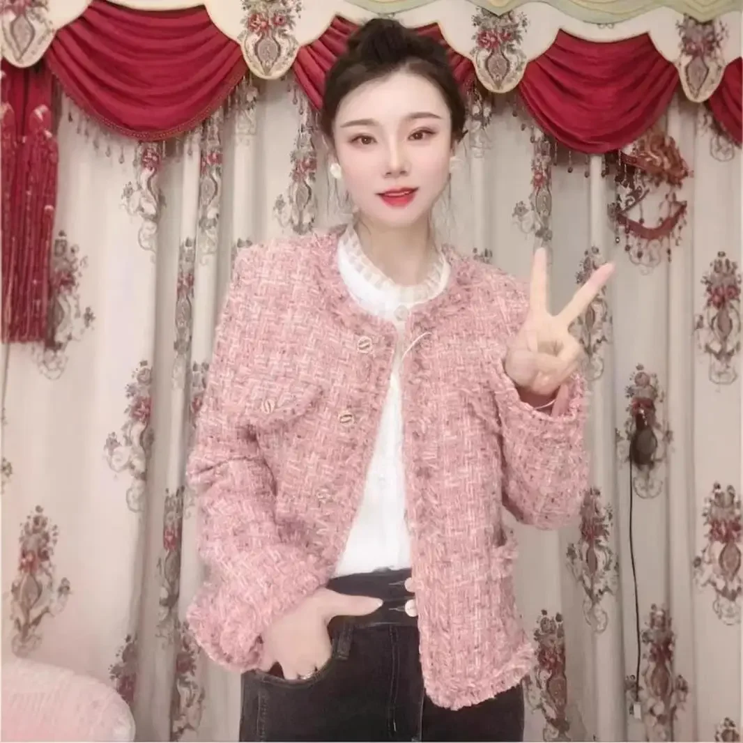 Pink Fluffy Lined Woolen Jacket Women's Winter New Style Thick Tweed Celebrity Style Top Women's Thick Tweed Women's Clothing
