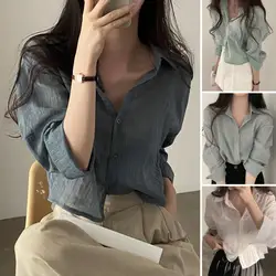 Chic Cardigan Shirt Single Breasted Thin Women Solid Color Sun Shirt Shrink Resistant Women Shirt Streetwear