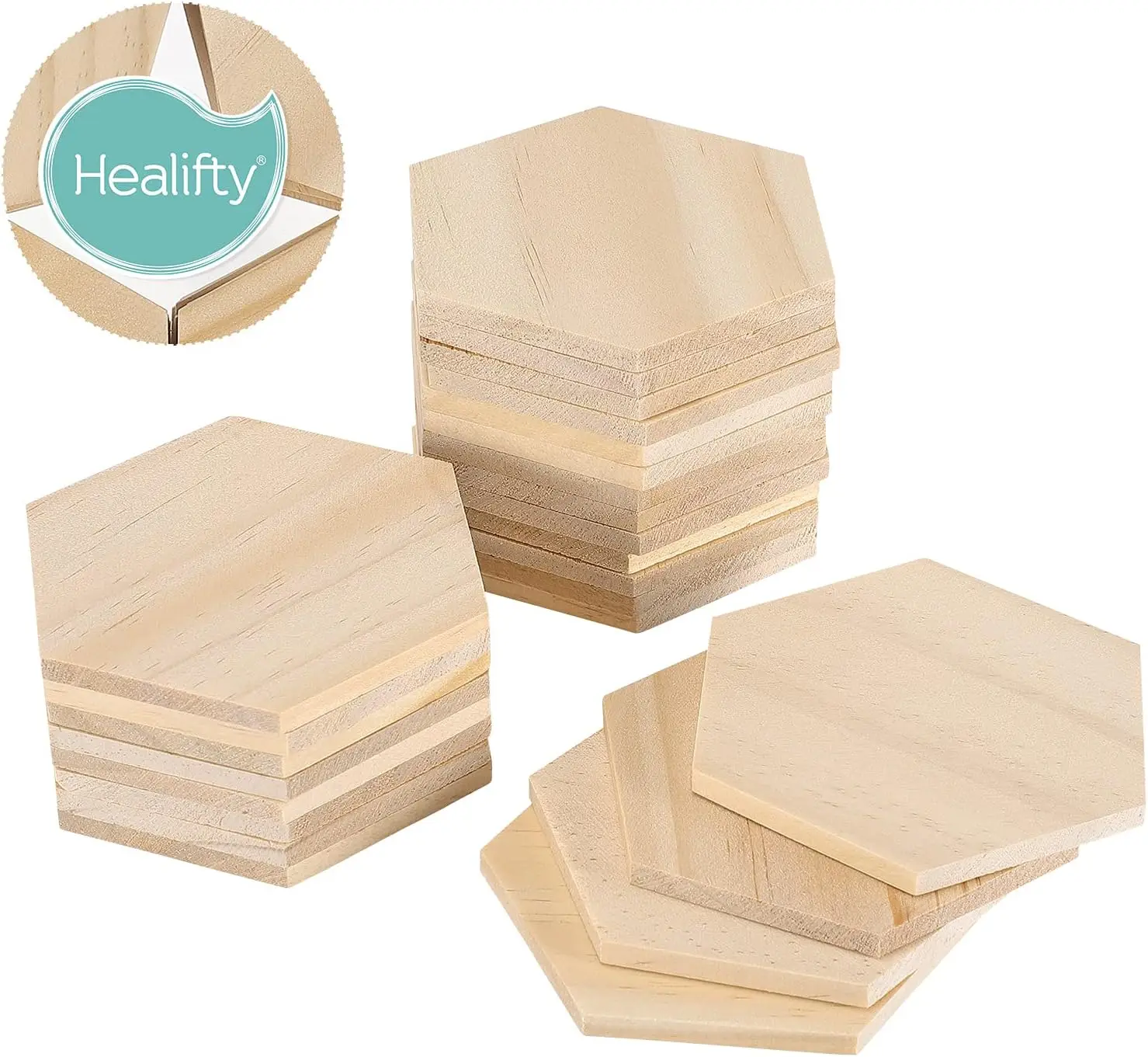 Image 6: Tranches hexagonales en bois inachevé avec trou pour décoration de fête de mariage (9cm), 25 pièces