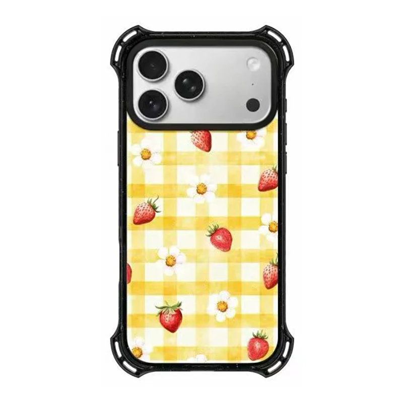 Checkered Strawberry Flower 4 Corner Magnetic Protective Phone Case Cover for IPhone 13 14 15 16 17 ProMax Case for IPhone 17Pro