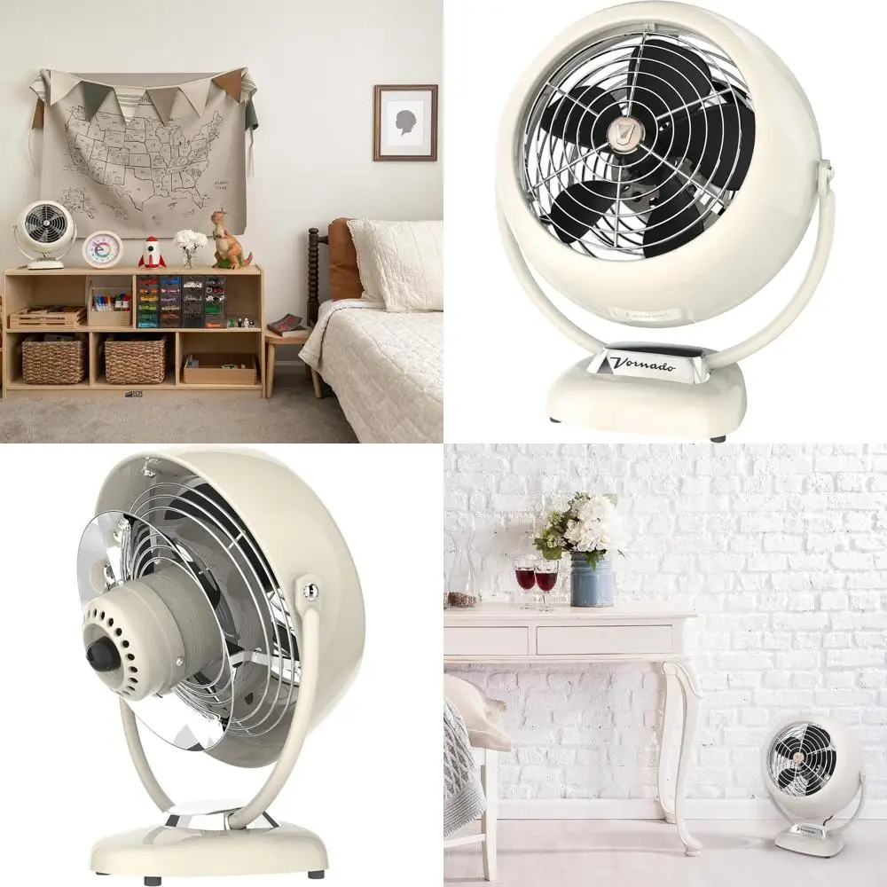 

Ретро-металлический вентилятор с 3 скоростями, регулируемым наклоном и винтажным белым дизайном для охлаждения и эстетики