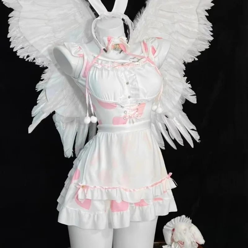 Disfraz de Cosplay de sirvienta de Anime Lolita, lencería Sexy, juego de rol de vaca Bunnygirl, vestido de fiesta Kawaii de doble capa, conjunto de banda para pierna