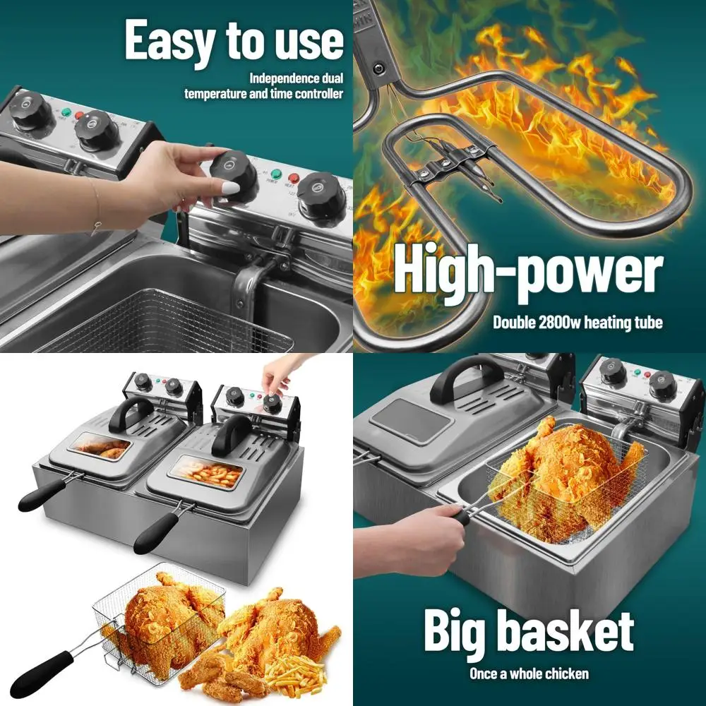 

Stainless Steel Dual Tank Electric Deep Fryer with Glass Lid, 3200W, 12L/12QT, 2 Baskets, Countertop Kitchen Frying Machine with