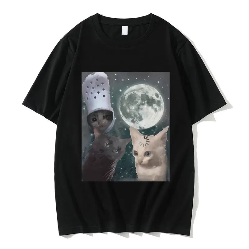 

Three Cat Moon Graphic Print T Shirts Men Women Kawaii Casual Funny Meme T-shirts Short Sleeve Male Cozy Cotton Oversized Tshirt