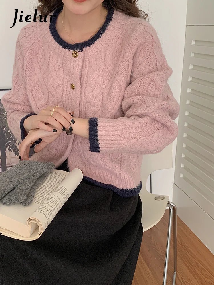 

Jielur Korean Sweet Vintage Knitting Sweater Female Cardigan Autumn O-neck Chicly Button Single Breasted 2-colors Women Cardigan