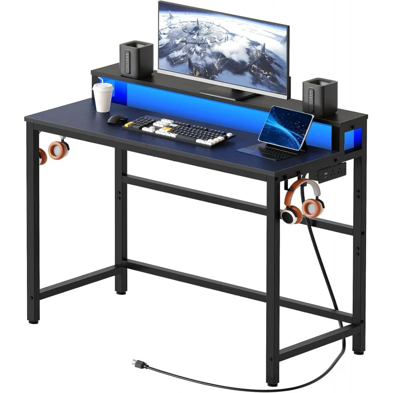 

Small Computer Desk , Gaming with Monitor Stand, 2-Tier Home Office with 4 Side Hooks, Living Room