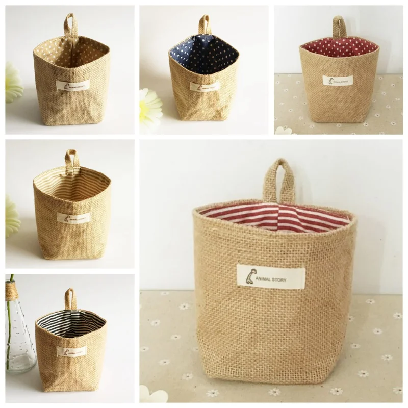 Hanging Storage Bag Cotton Linen Small Fabric Flower Pot Storage Basket Collapsible Convenient Decor for Room Wall Door Closet