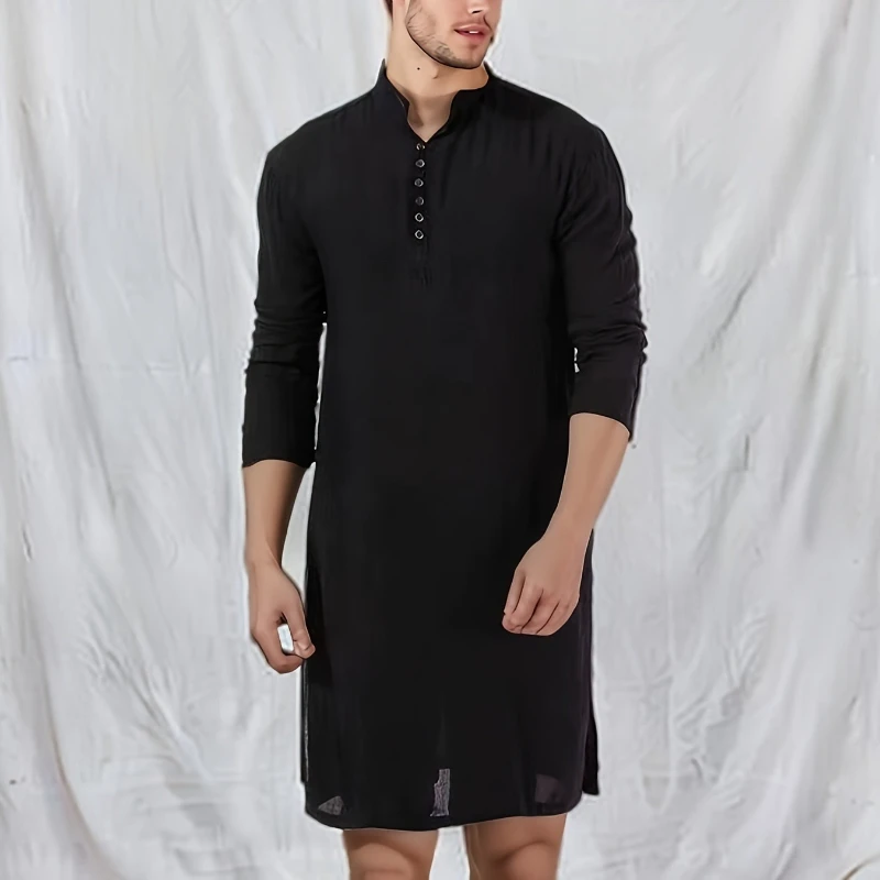 Men's Arab Thin Shirt Casual Muslim Dress Top Ethnic Cotton Linen Kurta _Shirt Arabian Robe Islamic Clothing Mens Jubba Thobe