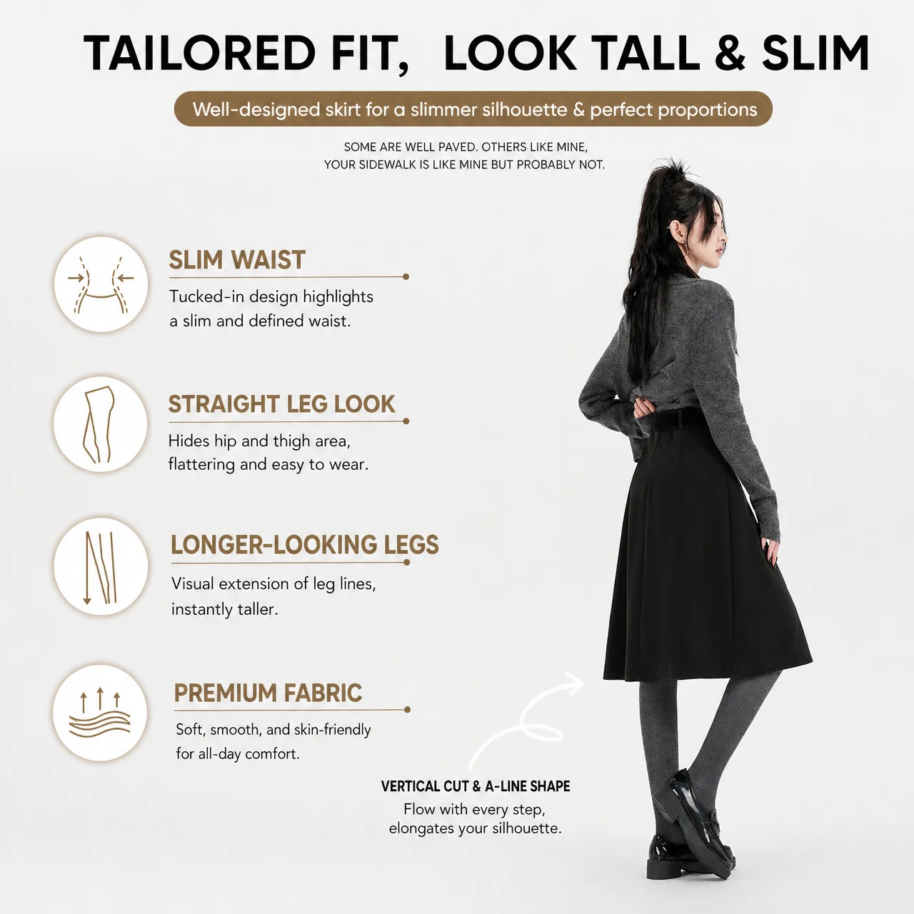 Hochgeschnittener Rock für Damen, Herbst/Winter 2026, Neuheit, Wollrock für Damen, Grau oder Schwarz, A-Linien-Rock für Damen mit Gürtel, Bestseller – Detail 5