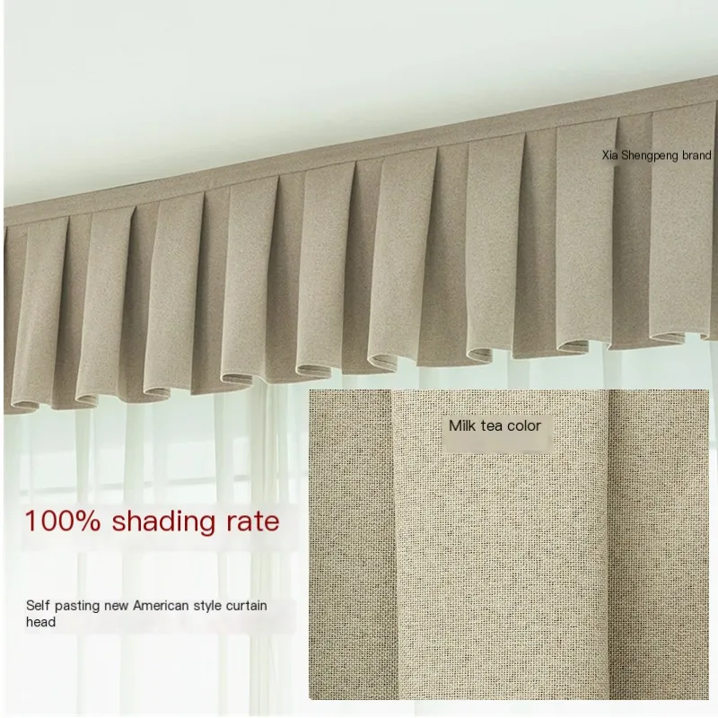 Customized Full Blackout Curtain Head, Finished Window Curtain Head, Self-Adhesive Velcro, Installation-Free Light-Blocking Bay Window Curtain Head