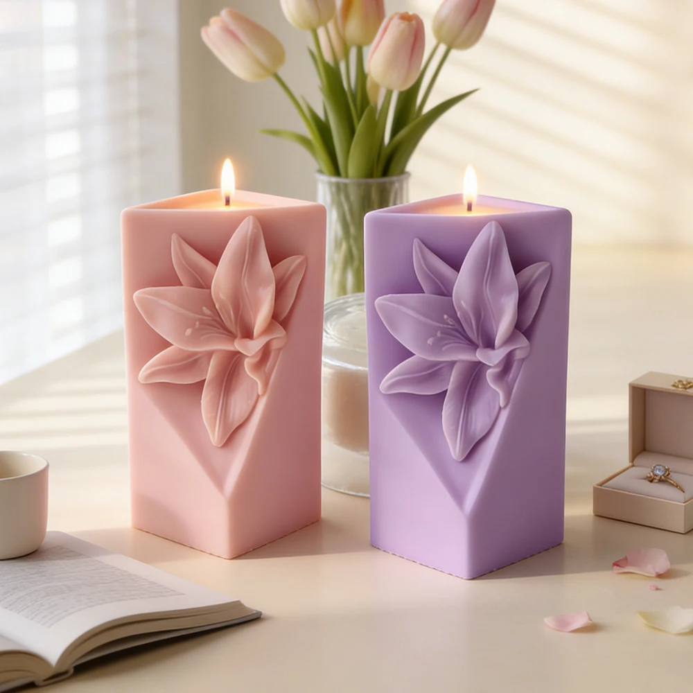 Geometric Candle Tulip Lily Flowers Relief Silicone Mold Handmade Gypsum Form Resin Molds Pillar Scented Candle Mould