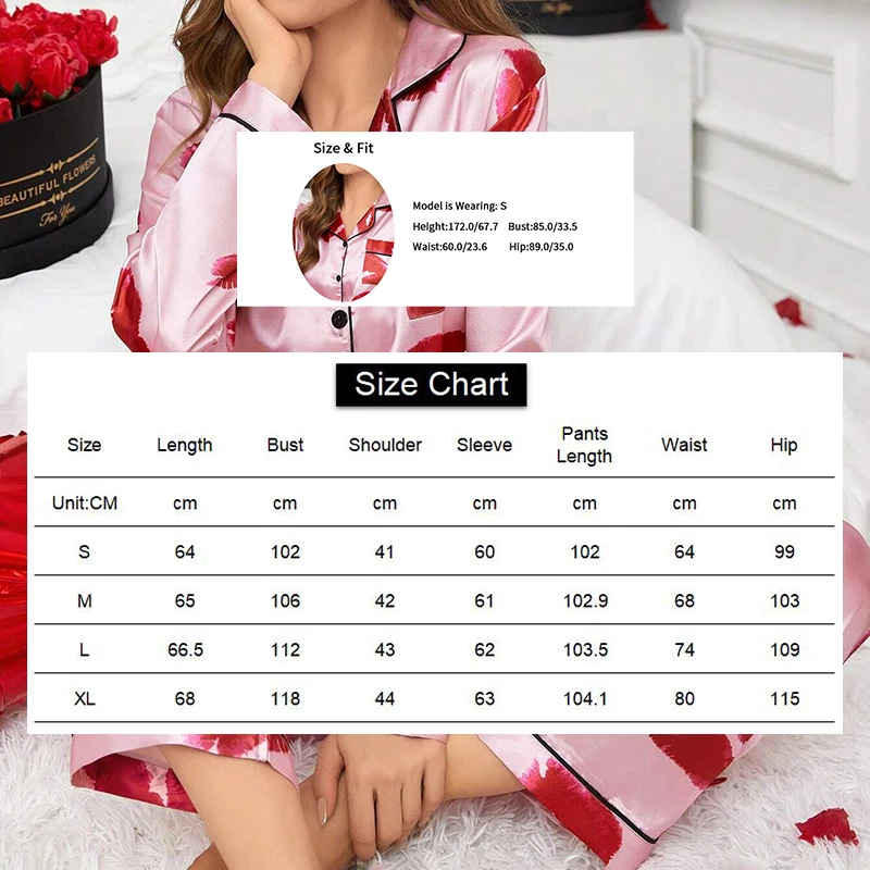 Women\'s Red Lip Print Satin Sleepwear Lounge Set Autumn Long Sleeve Button Up Lapel Collar Top & Pants Pyjama Femme Loungewear