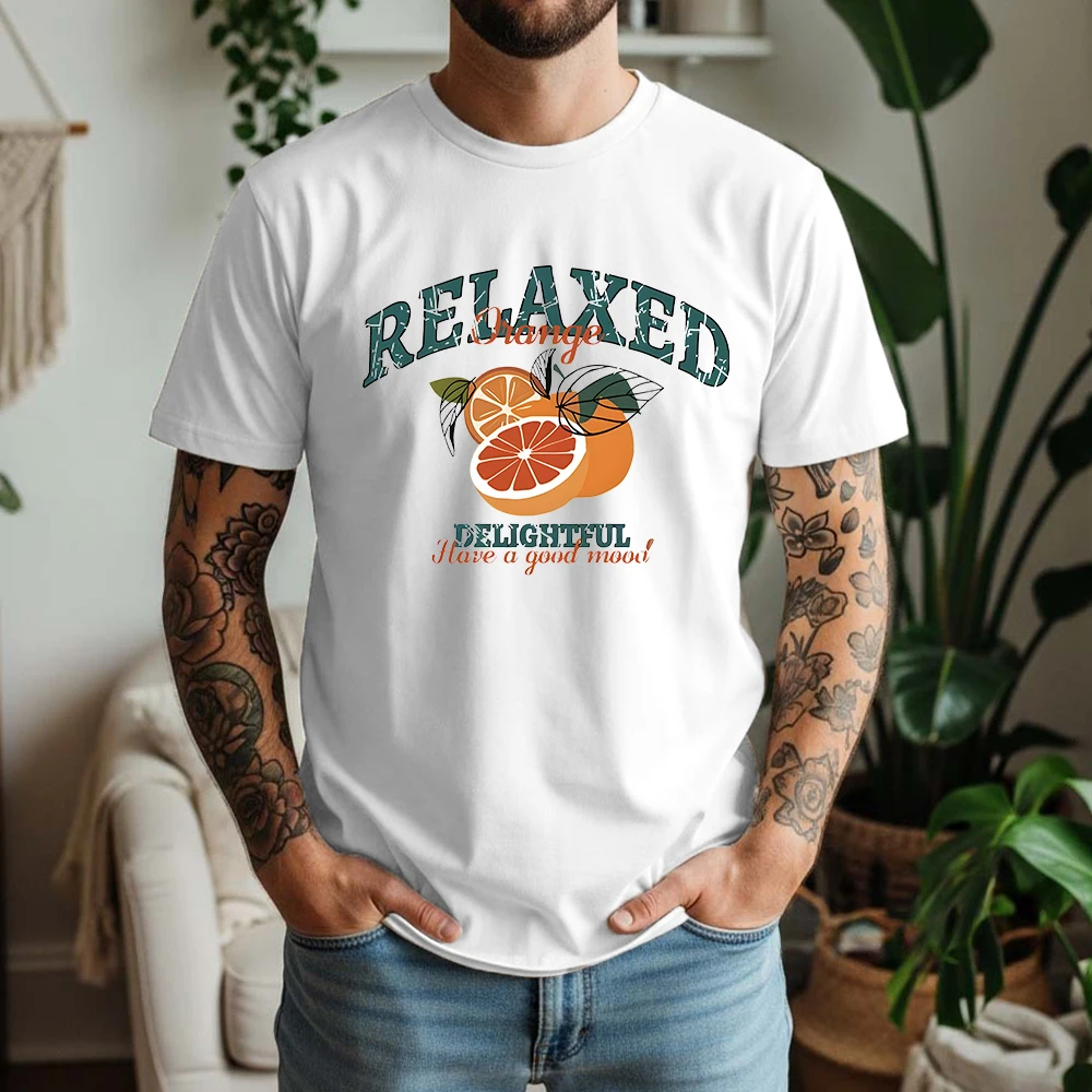 New Summer Mens 100% Cotton T Shirt Relaxed Orange Delightful Print Casual Breathable Fruit Short Sleeve Daily Wear