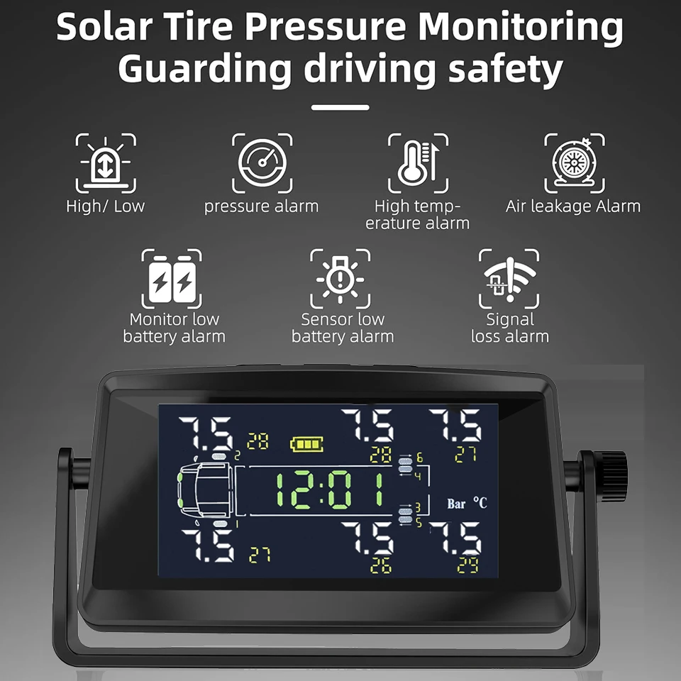 RV 360° RotatableTPMS Solar USB Tire Monitor 6 Sensors Real-time Tire Pressure Monitor Mult Safety Alarm System For Multi Wheel