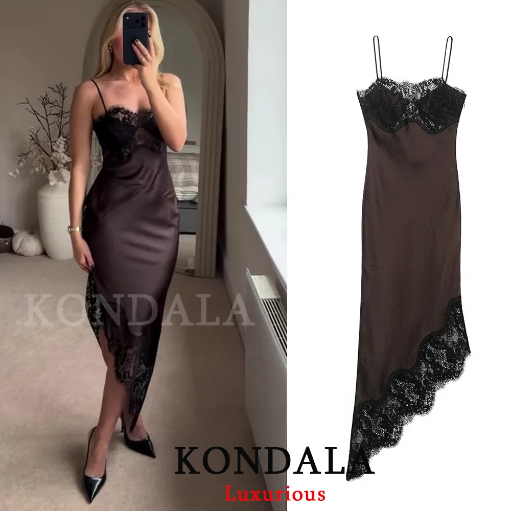 KONDALA Sexy Chocoladebruin Satijnen Kanten Jurk V-hals Corset Midi Feestjurk Mode 2025, Avondclub Nieuwjaar Elegante Jurk