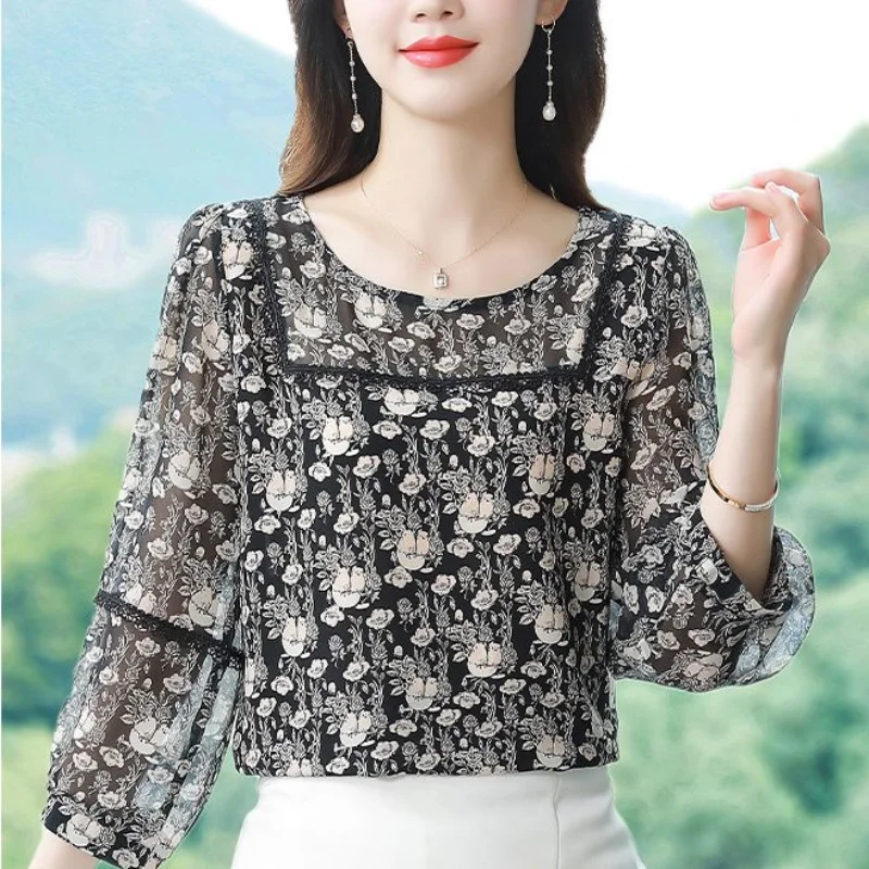 Western Style Printed Chiffon Shirt Spring/summer New Korean Style Fashionable Round Neck Loose Fitting and Age Reducing Shirt