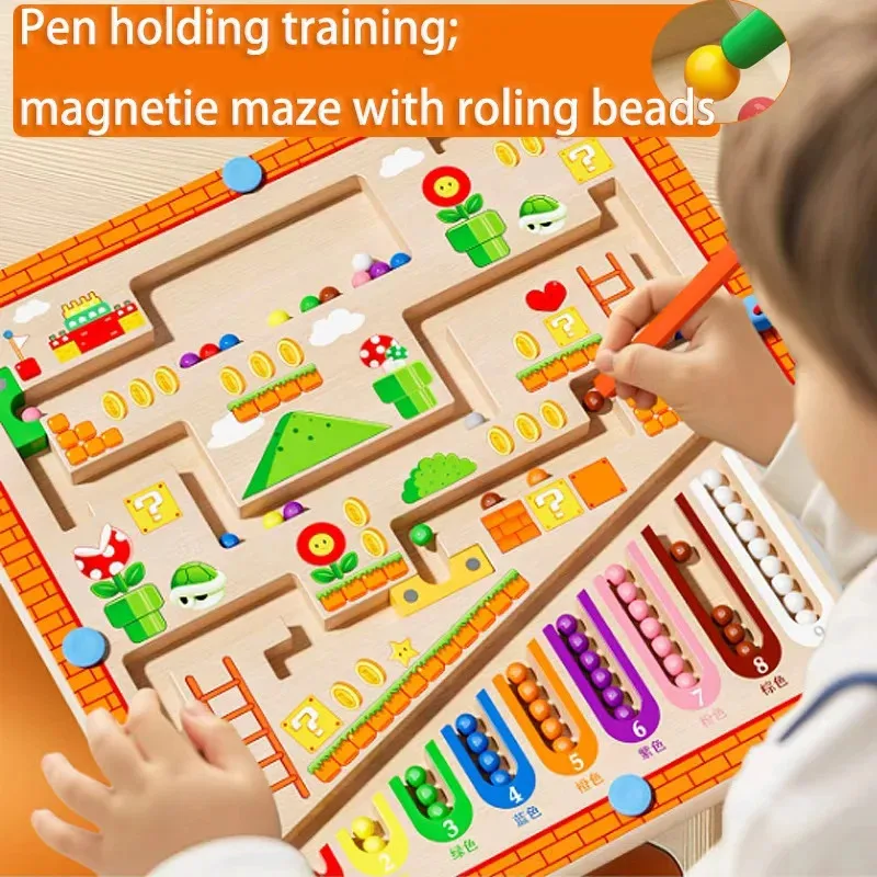 مونتيسوري المغناطيسي اللون عدد الفطر منزل المتاهة ألعاب خشبية للطفل لعب الأطفال المتاهة المشي الكرة مجموعات التعلم المبكر #2