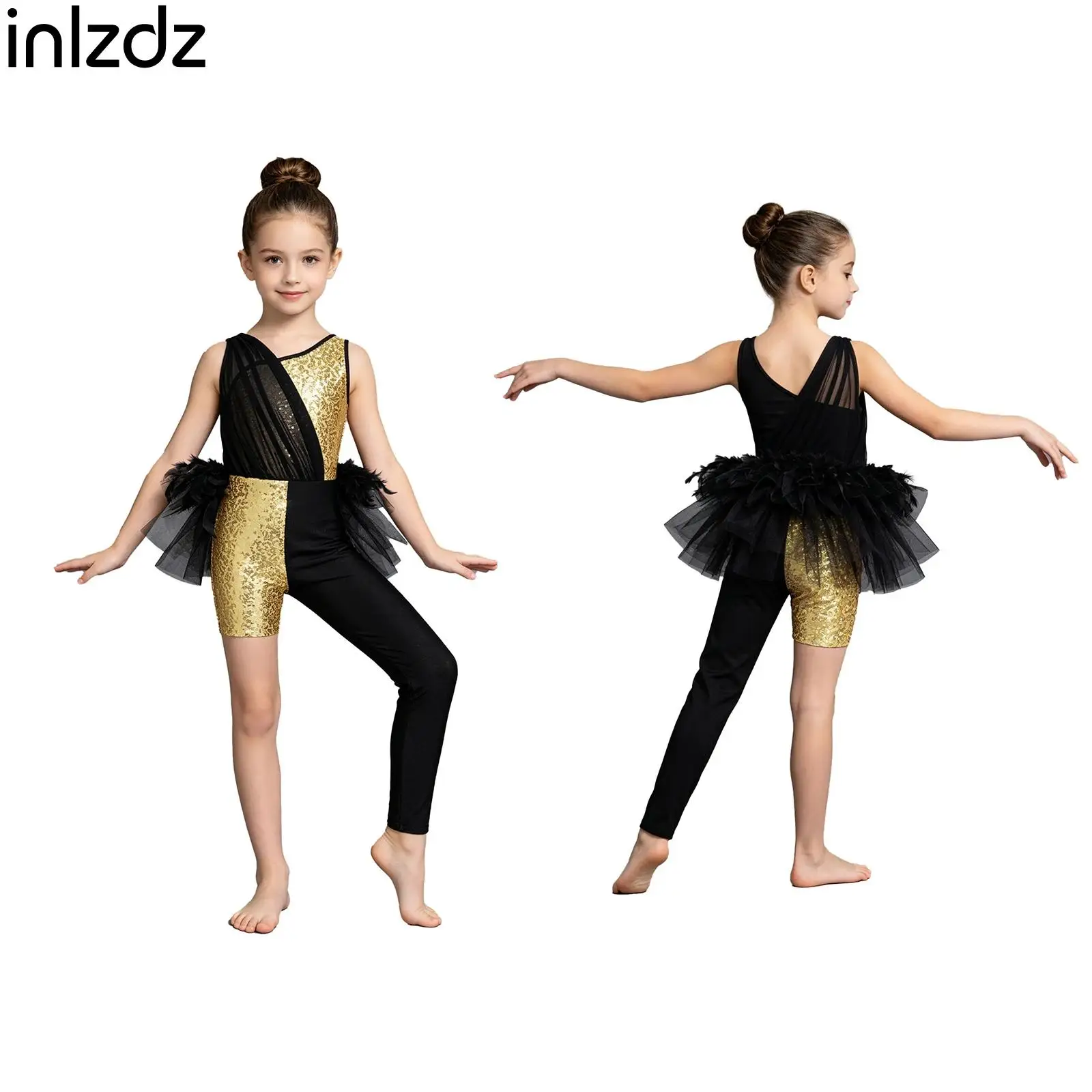 

Kids Girls Jazz Ballerina Dance Costume Sparkly Sequins Color Block Leotard Jumpsuit with Feather Tulle Skirt for Stage Show